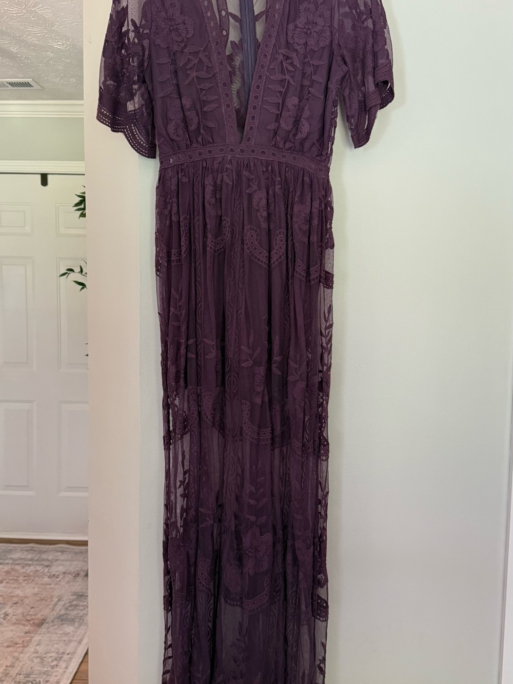 Lace Embroidered Maxi Dress in Plum
